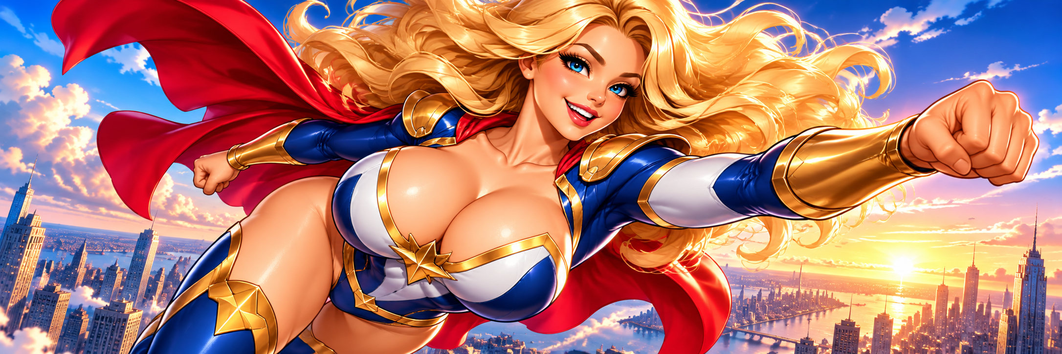 Super Titty flying over a city skyline at sunset, fist extended toward the viewer